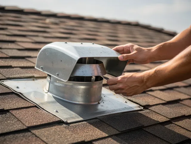 Trumbull Center Dryer Vent Cleaning certified technician safely cleaning a roof-mounted dryer vent in Trumbull Center