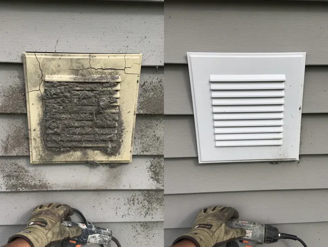 Trumbull Center Dryer Vent Cleaning technician installing high-quality dryer vent cover at a residential property in Trumbull Center