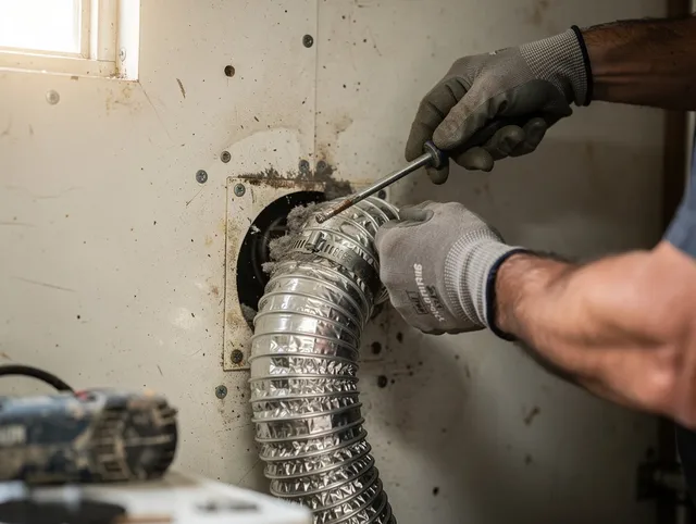 Trumbull Center Dryer Vent Cleaning technician performing precise dryer vent hose installation in Trumbull Center